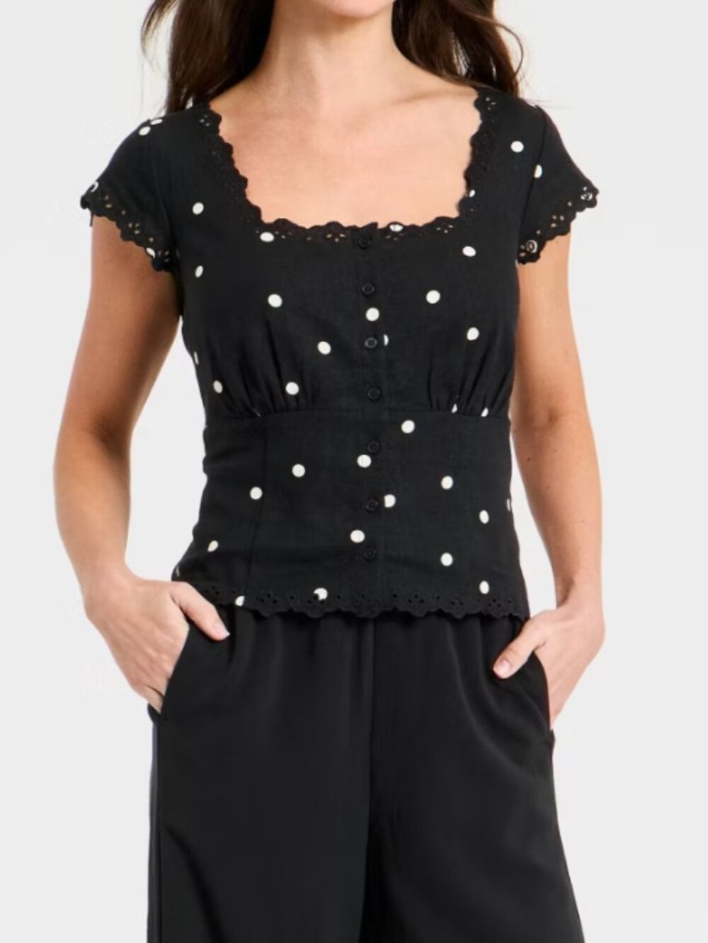 Women's Button-Front Scalloped Hem Top Black A New Day
